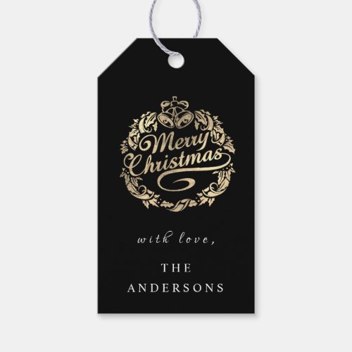 Merry Christmas To Name Wreath Royal Black Gold Gift Tags