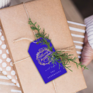 Christmas Wreath with Gold String Lights on Blue Gift Tags