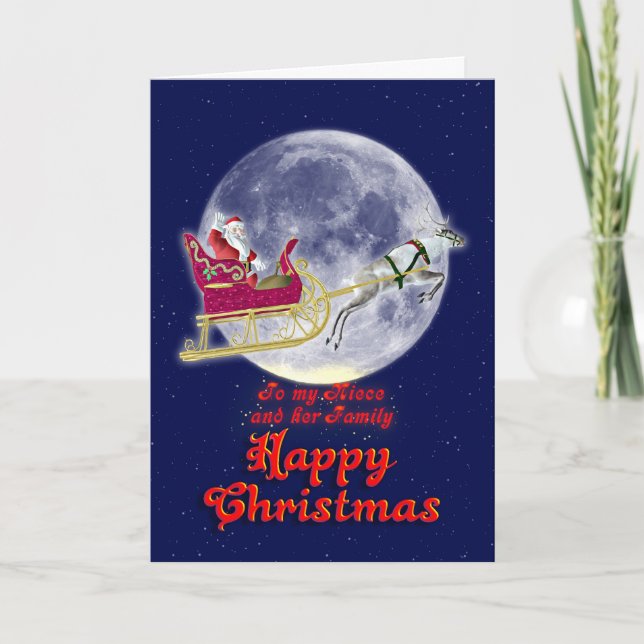 Merry Christmas to niece with santa in his sleigh Holiday Card (Front)