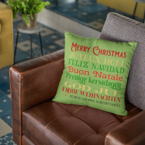 Merry Christmas to the Nations Green Scripture Throw Pillow