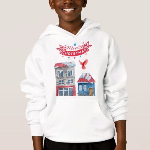 MERRY CHRISTMAS TOWN BUILDINGS RED CARDINAL BIRD HOODIE