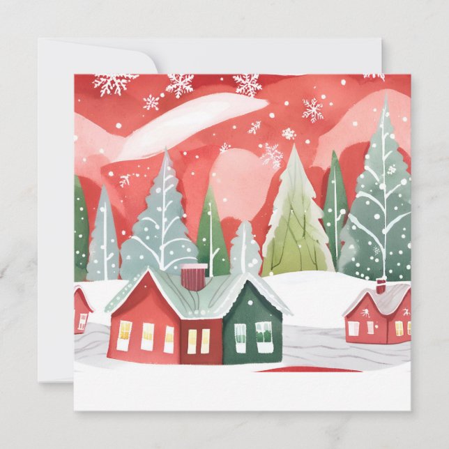 Merry Christmas Town | Red Green Watercolor Holiday Card (Front)