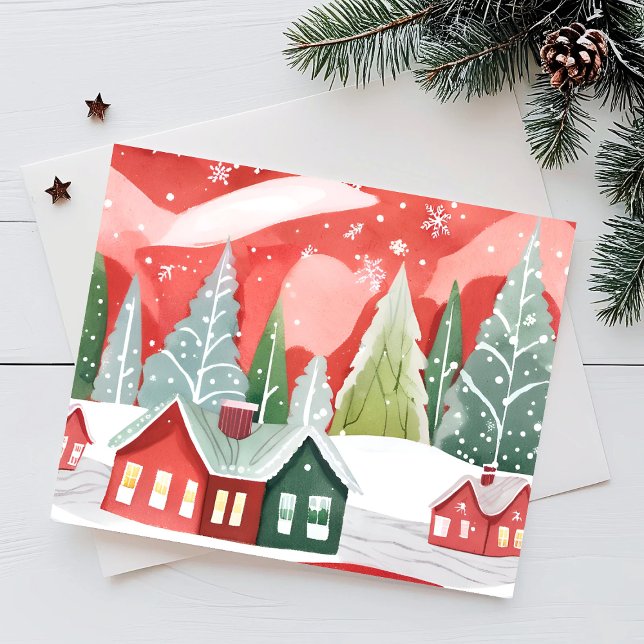 Merry Christmas Town | Red Green Watercolor Holiday Postcard (Creator Uploaded)