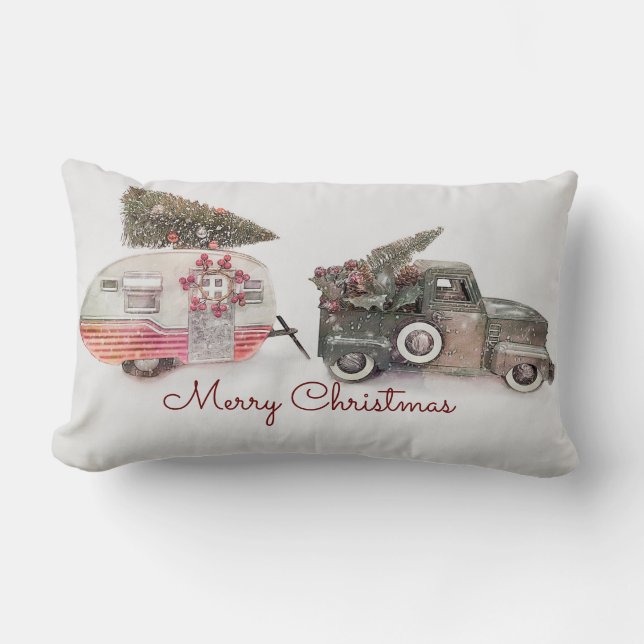 Merry Christmas Toy Truck and Travel Trailer Photo Lumbar Pillow (Front)