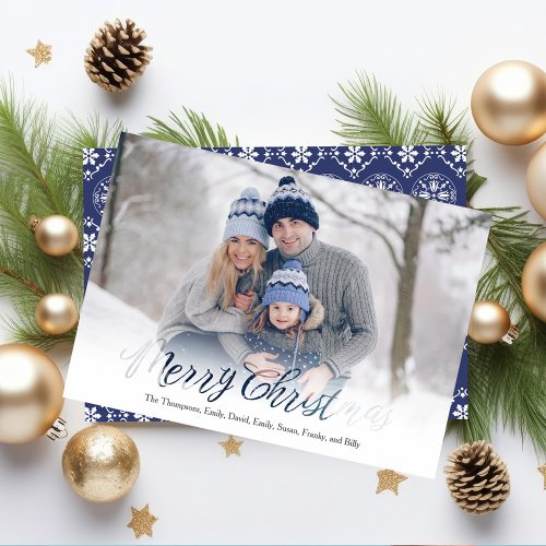 Merry Christmas Traditional Blue White Snowflakes Holiday Card