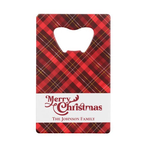 Merry Christmas Traditional Red Plaid Custom Party Credit Card Bottle Opener