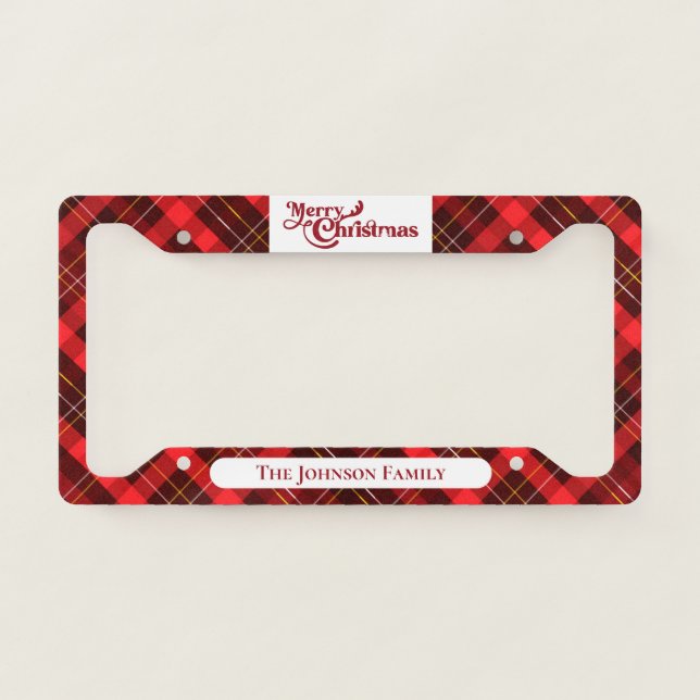 Merry Christmas Traditional Red Plaid Personalized License Plate Frame (Front)