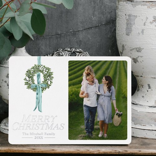 Merry Christmas Traditional Vintage Wreath Ribbon Foil Holiday Card