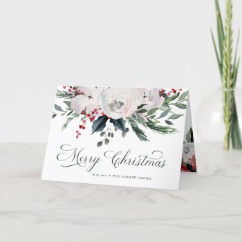 Merry Christmas | Traditional Watercolor Flowers Holiday Card by christine592 at Zazzle