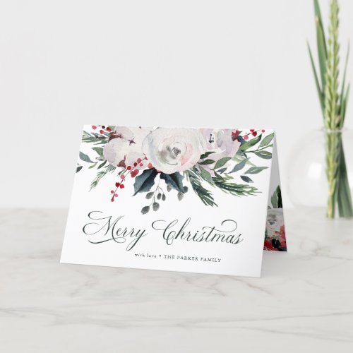 Merry Christmas  Traditional Watercolor Flowers Holiday Card