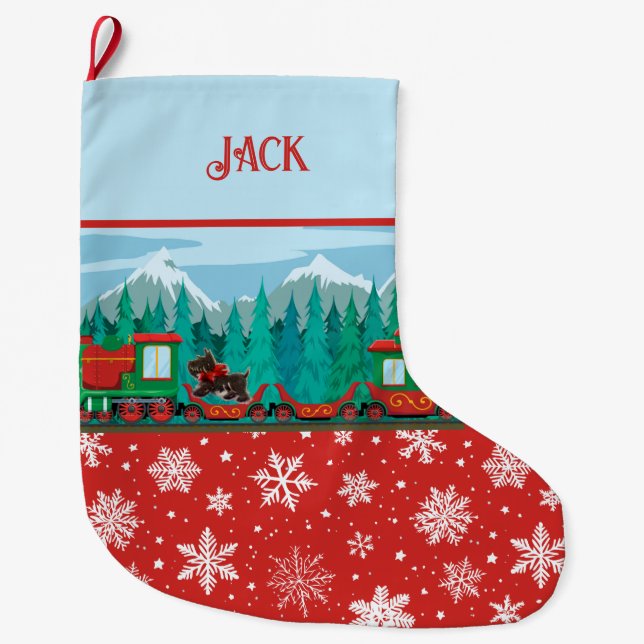 Merry Christmas Train and Scotty Dog Large Christmas Stocking (Front)