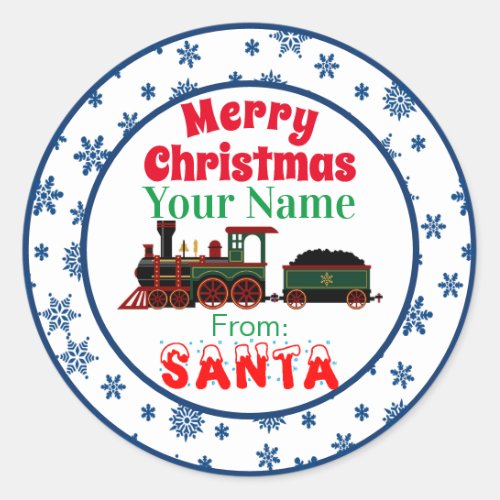 Merry Christmas Train from Santa Blue Snowflakes Classic Round Sticker