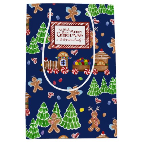 Merry Christmas Train Gingerbread Man Navy Family Medium Gift Bag