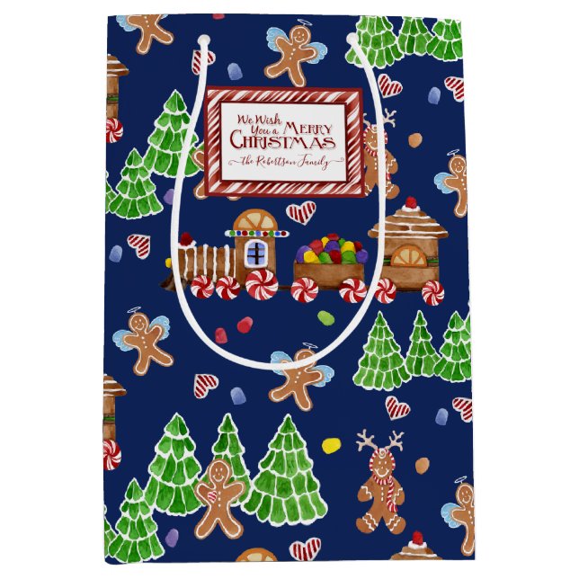 Merry Christmas Train Gingerbread Man Navy Family Medium Gift Bag (Front)