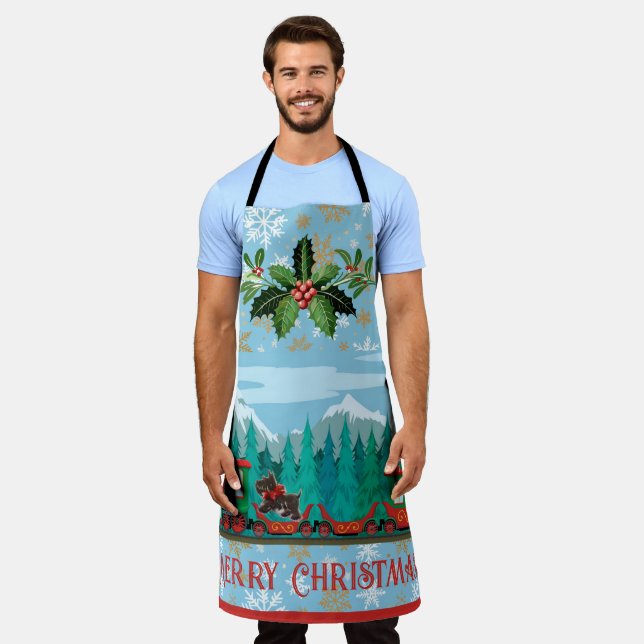 Merry Christmas Train on Ice Blue Apron (Worn)
