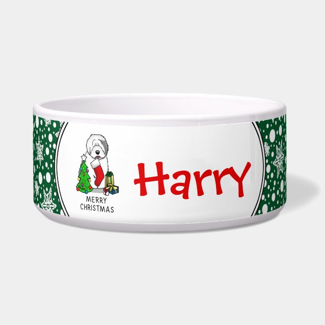 Merry Christmas Tree 2 Old English Sheepdog Gray 1 Bowl (Front)