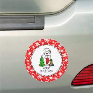 Merry Christmas Tree 2 Old English Sheepdog Gray 1 Car Magnet