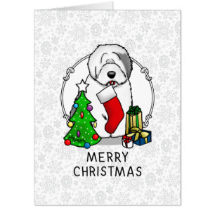 Merry Christmas Tree 2 Old English Sheepdog Gray 1 Card