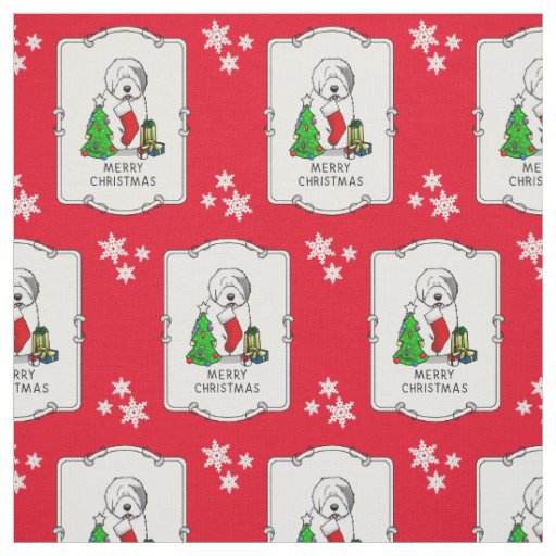 Merry Christmas Tree 2 Old English Sheepdog Gray 1 Fabric