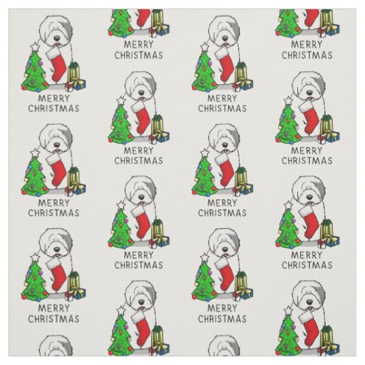 Merry Christmas Tree 2 Old English Sheepdog Gray 1 Fabric