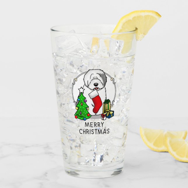 Merry Christmas Tree 2 Old English Sheepdog Gray 1 Glass (Back Ice)