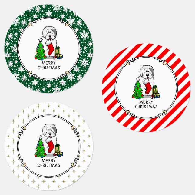 Merry Christmas Tree 2 Old English Sheepdog Gray 1 Labels (Group)