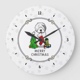 Merry Christmas Tree 2 Old English Sheepdog Gray 1 Large Clock
