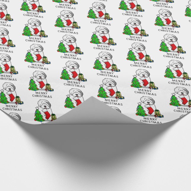 Merry Christmas Tree 2 Old English Sheepdog Gray 1 Wrapping Paper (Corner)
