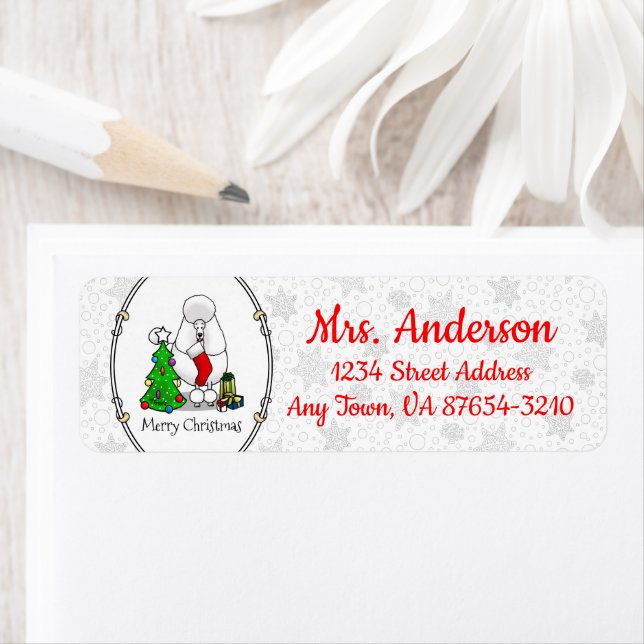 Merry Christmas Tree 2 Poodle (white) Dog Cute Label (Insitu)