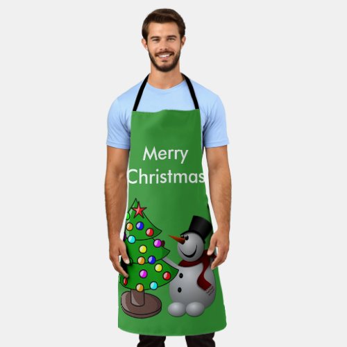 Merry Christmas Tree 3D Snowman Green Large Apron