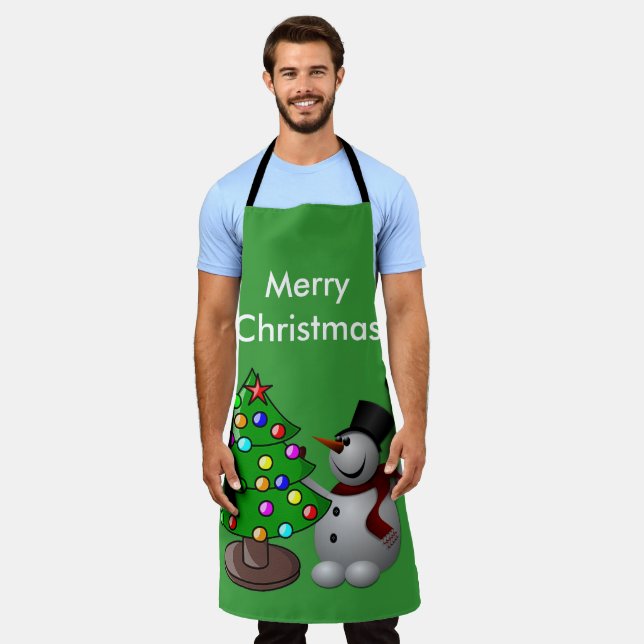 Merry Christmas Tree 3D Snowman Green Large Apron (Worn)