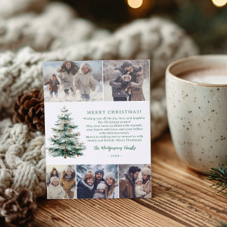 Merry Christmas Tree 5 photos collage grid Letterpress Photo Cards