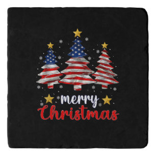 Merry Christmas Tree American Flag Funny US Flag S Trivet