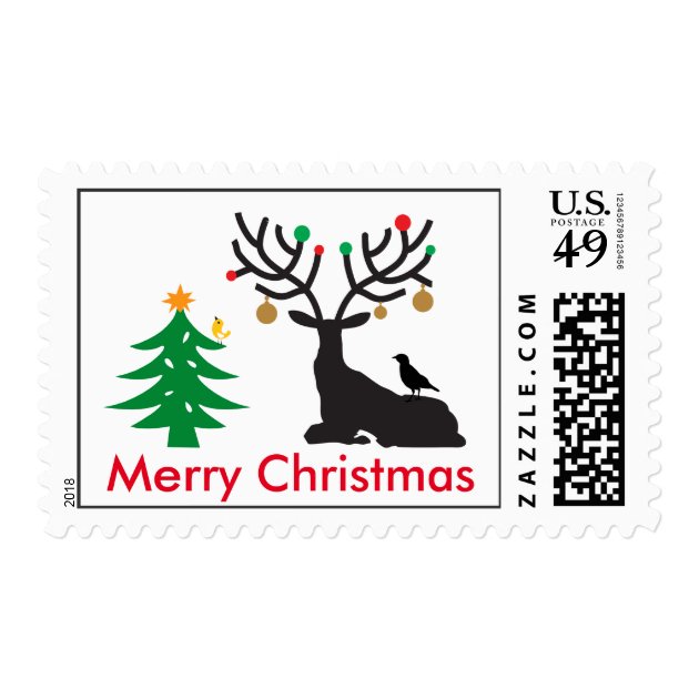 Merry Christmas Tree And Cute Reindeer Light Decor Postage