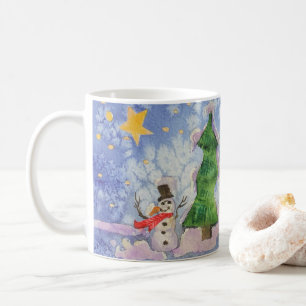 Merry Christmas Tree And Frosty Snowman Watercolor Coffee Mug