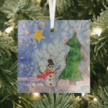 Merry Christmas Tree And Frosty Snowman Watercolor Glass Ornament<br><div class="desc">Square Shaped Glass Christmas Tree Decoration Hanging Ornament printed with Merry Christmas Tree And Frosty Snowman Watercolor painting original artwork design and select products collection by TheFabricSeal print on demand shop at Zazzle.com #ZazzleMade https://www.zazzle.com/store/thefabricseal TheFabricSeal©️Original. This cheerfully fun design image print is a hand painted watercolor painting is a whimsical...</div>