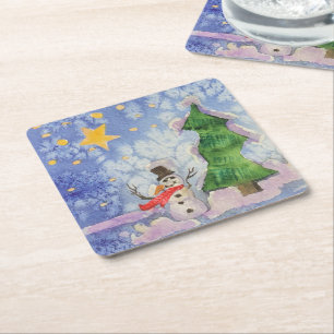 Merry Christmas Tree And Frosty Snowman Watercolor Square Paper Coaster