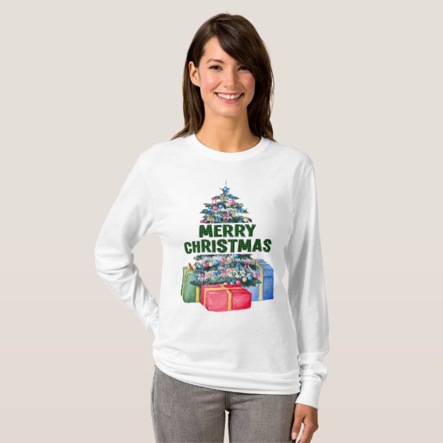 Merry Christmas Tree And Gifts T-Shirt (Front Full)