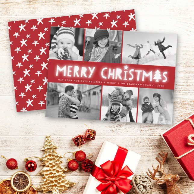 Merry Christmas Tree And Star Glow 6 Photo Collage Holiday Card (Creator Uploaded)