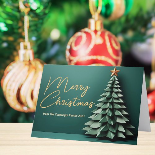 Merry Christmas Tree Beautiful Gold Green Folded Holiday Card
