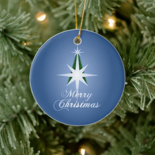 Merry Christmas Tree Bethlehem Star Blue Ceramic Ornament