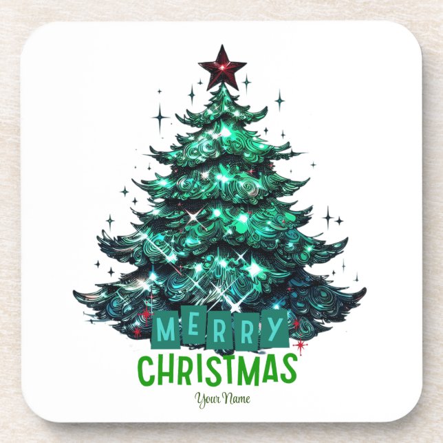 Merry Christmas Tree Beverage Coaster (Front)