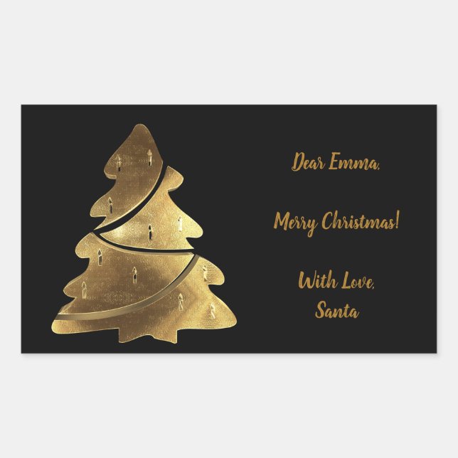Merry Christmas Tree Black and Gold Elegant Rectangular Sticker (Front)