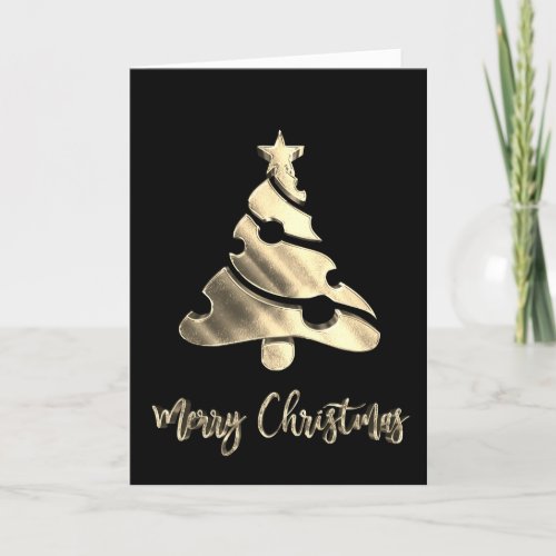 Merry Christmas Tree Black and Gold Text Elegant Holiday Card