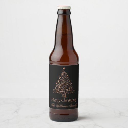 Merry Christmas Tree Black Brown Copper Elegant Beer Bottle Label