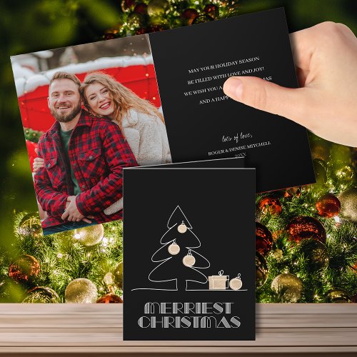 Merry Christmas Tree Black Folded Photo Holiday Card
