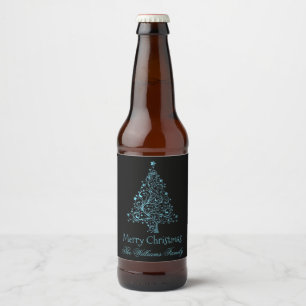 Merry Christmas Tree Black Metallic Blue Look Beer Bottle Label