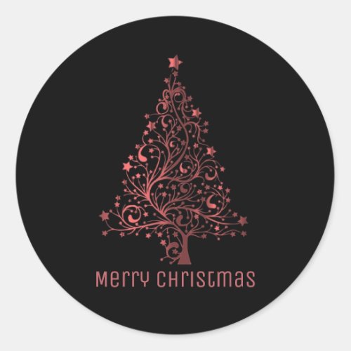 Merry Christmas Tree Black Metallic Red Look Classic Round Sticker