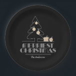 Merry Christmas Tree Black Paper Plates<br><div class="desc">The words Merriest Christmas in retro vintage lettering, a white sketch tree with faux gold foil ornaments and gifts are featured on these black paper plates - available in 2 sizes and 2 styles - personalized with your family name. Stylish for any Christmas holiday occasion or give as a hostess...</div>