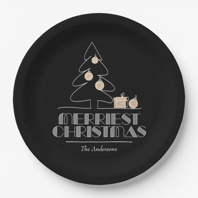 Merry Christmas Tree Black Paper Plates (Front)